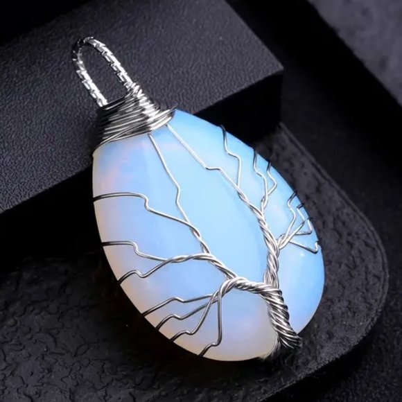 Opal Tree Of Life Wire Wrap Glass Pendant Necklace - Picture 2 of 2